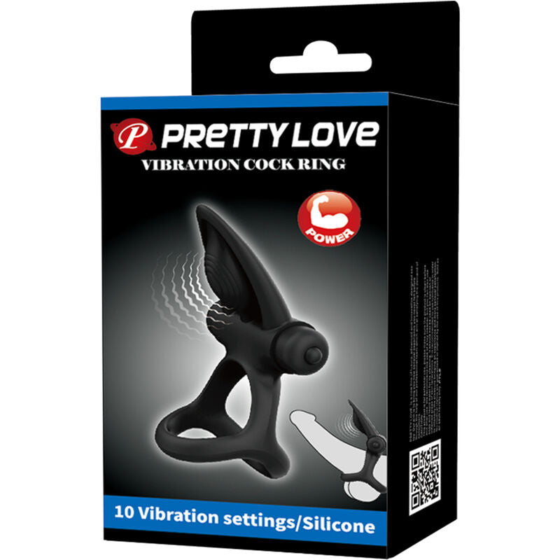 PRETTY LOVE Anel Vibrante 10 Funções Silicone para Casais Preto, destacando o design ergonómico e estimuladores.