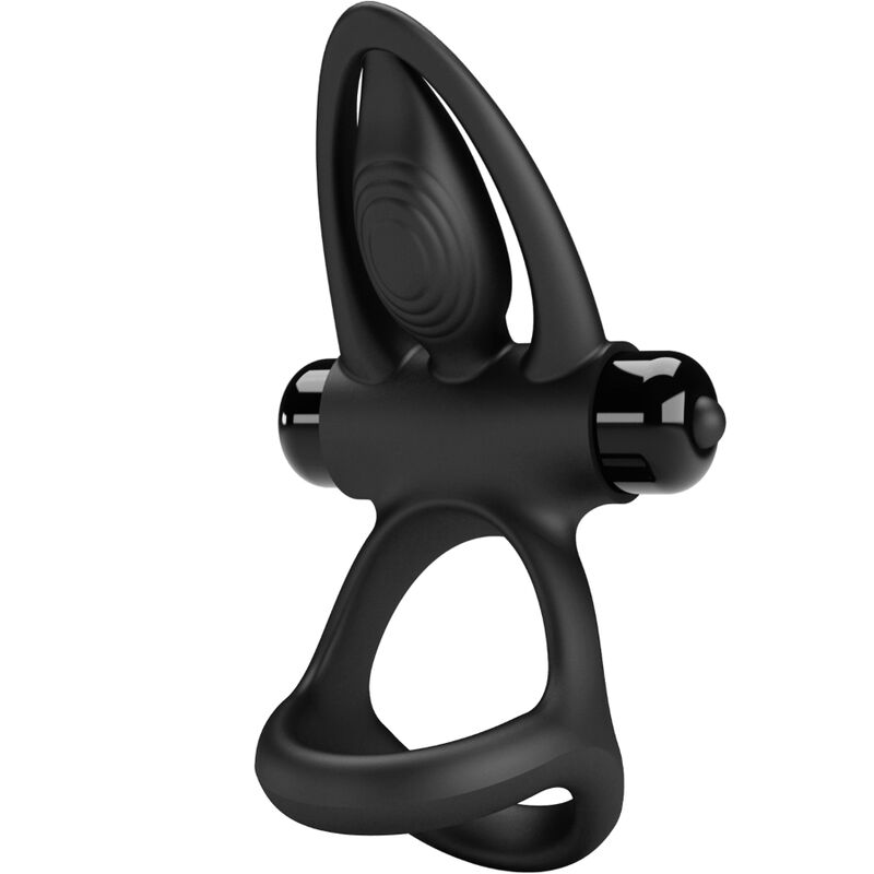 PRETTY LOVE Anel Vibrante 10 Funções Silicone para Casais Preto, destacando o design ergonómico e estimuladores.