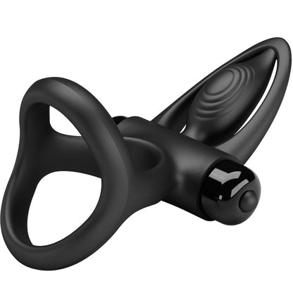 PRETTY LOVE Anel Vibrante 10 Funções Silicone para Casais Preto, destacando o design ergonómico e estimuladores.