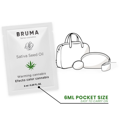 BRUMA Gel Deslizante Aquecedor Óleo de Semente de Cânhamo Sabor Cannabis 6 ML, mostrando a embalagem e a textura do produto.