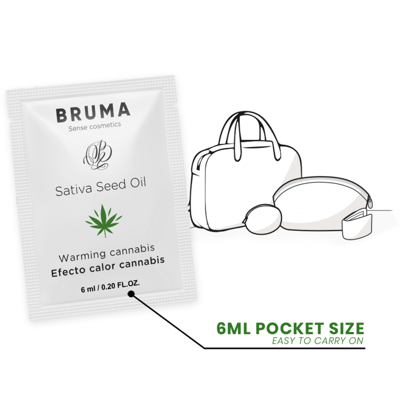 BRUMA Gel Deslizante Aquecedor Óleo de Semente de Cânhamo Sabor Cannabis 6 ML, mostrando a embalagem e a textura do produto.