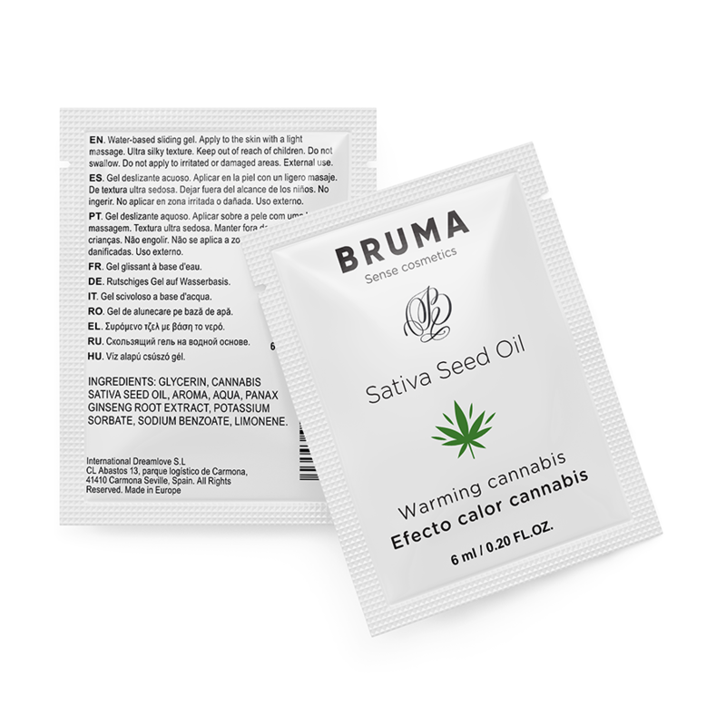 BRUMA Gel Deslizante Aquecedor Óleo de Semente de Cânhamo Sabor Cannabis 6 ML, mostrando a embalagem e a textura do produto.