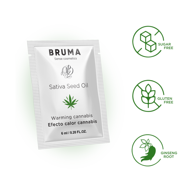 BRUMA Gel Deslizante Aquecedor Óleo de Semente de Cânhamo Sabor Cannabis 6 ML, mostrando a embalagem e a textura do produto.