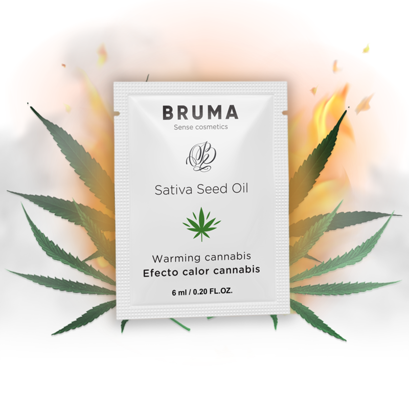 BRUMA Gel Deslizante Aquecedor Óleo de Semente de Cânhamo Sabor Cannabis 6 ML, mostrando a embalagem e a textura do produto.