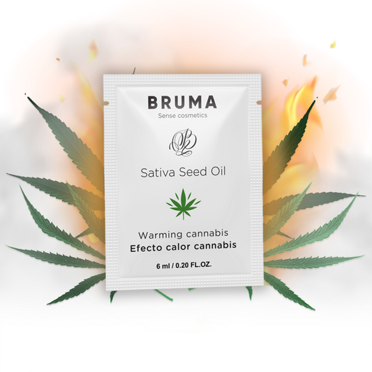 BRUMA Gel Deslizante Aquecedor Óleo de Semente de Cânhamo Sabor Cannabis 6 ML, mostrando a embalagem e a textura do produto.