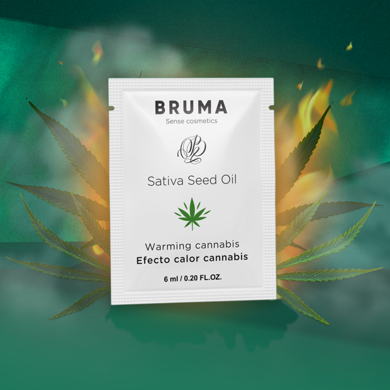 BRUMA Gel Deslizante Aquecedor Óleo de Semente de Cânhamo Sabor Cannabis 6 ML, mostrando a embalagem e a textura do produto.