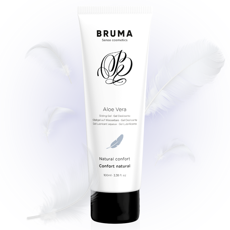 Imagem do BRUMA Gel Deslizante Aloe Vera Natural Confort 100 ML, embalagem e textura do gel.