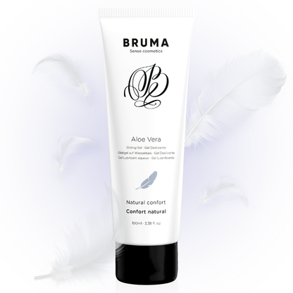 Imagem do BRUMA Gel Deslizante Aloe Vera Natural Confort 100 ML, embalagem e textura do gel.