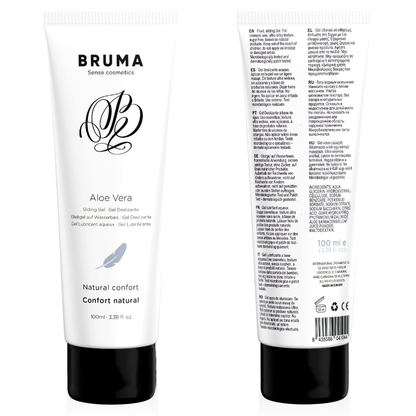 Imagem do BRUMA Gel Deslizante Aloe Vera Natural Confort 100 ML, embalagem e textura do gel.