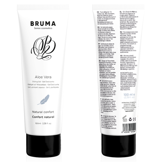 Imagem do BRUMA Gel Deslizante Aloe Vera Natural Confort 100 ML, embalagem e textura do gel.