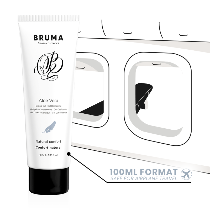 Imagem do BRUMA Gel Deslizante Aloe Vera Natural Confort 100 ML, embalagem e textura do gel.