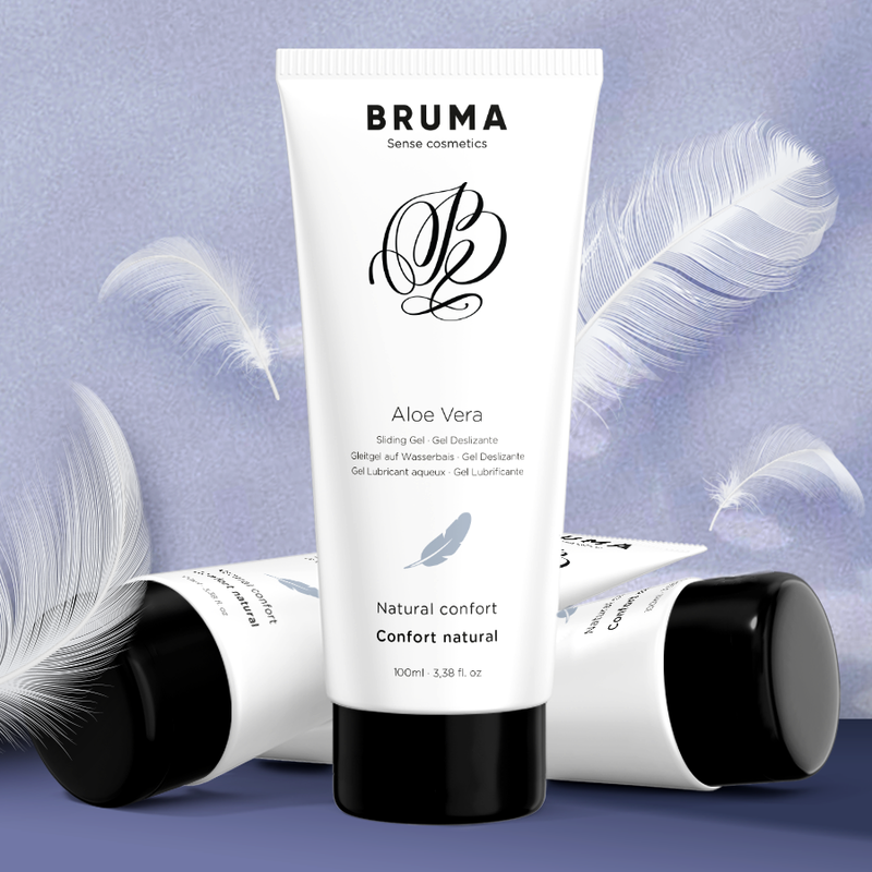 Imagem do BRUMA Gel Deslizante Aloe Vera Natural Confort 100 ML, embalagem e textura do gel.