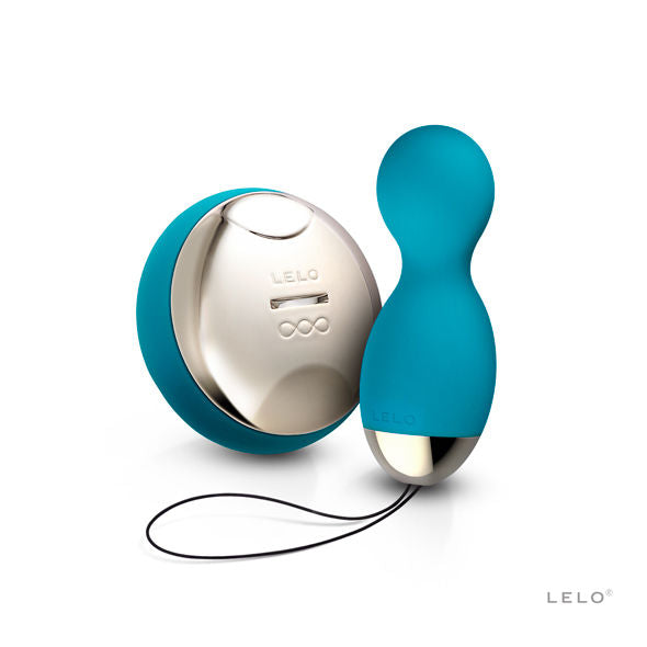 LELO Bolas de Prazer HULA Beads azuis com controlo remoto, detalhe do design e da embalagem.