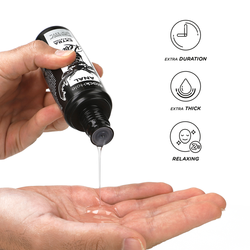 Embalagem do BLACK HOLE Gel Silicone Dilatação Anal 100ml, destacando a marca e a função do produto.