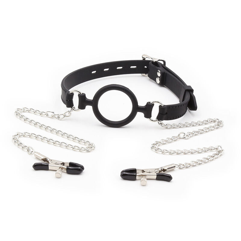 OHMAMA FETISH Mordaça de Argola com Correntes e Grampos de Bico para BDSM e fetiche.
