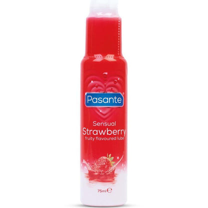 PASANTE Lubrificante Sabor Morango 75 ML, embalagem e textura.
