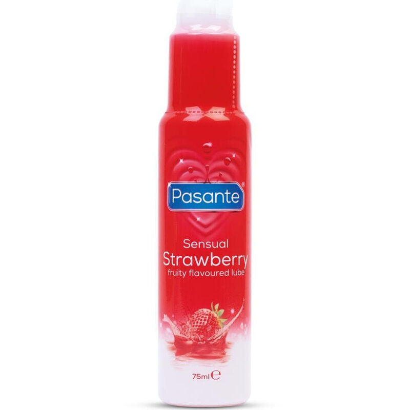 PASANTE Lubrificante Sabor Morango 75 ML, embalagem e textura.