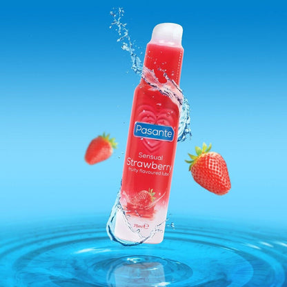 PASANTE Lubrificante Sabor Morango 75 ML, embalagem e textura.