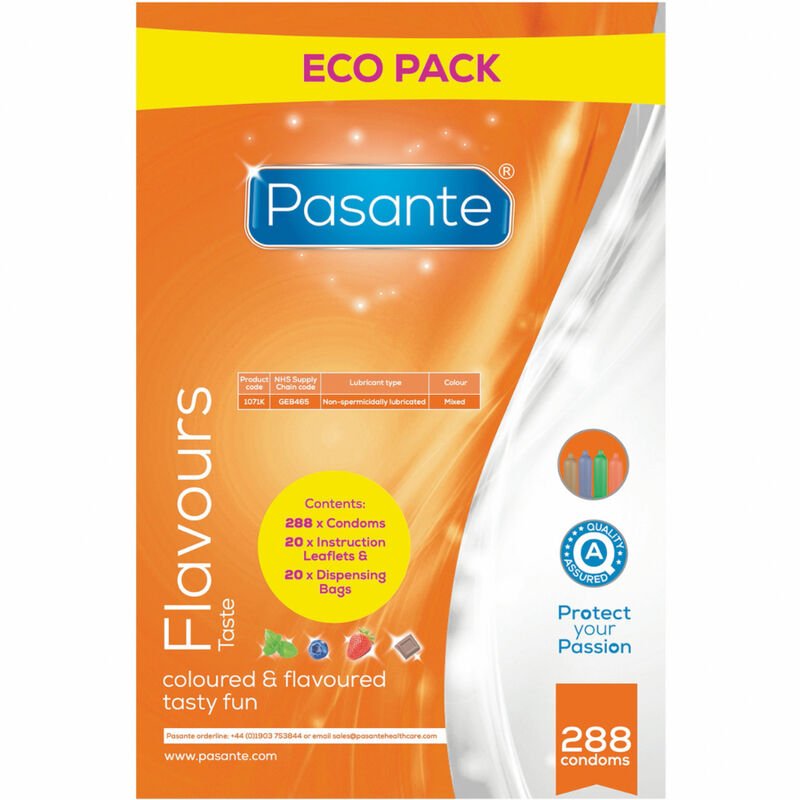 PASANTE Preservativos Sabores Variados ECO PACK 288 Unidades, mostrando embalagem e cores dos sabores.