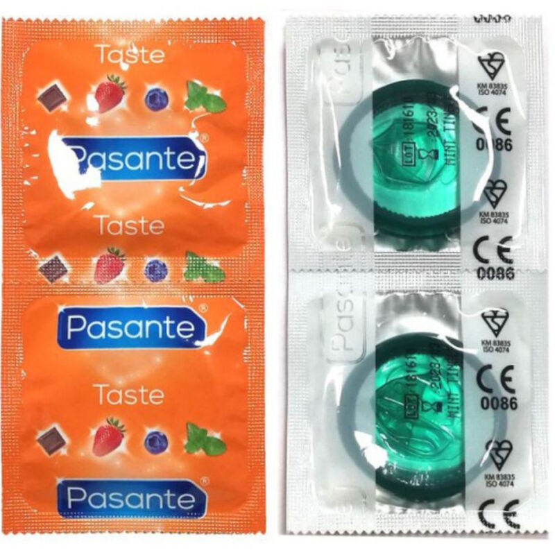 Preservativos PASANTE Sabor Menta 144 Unidades, com embalagem e pormenor do produto.