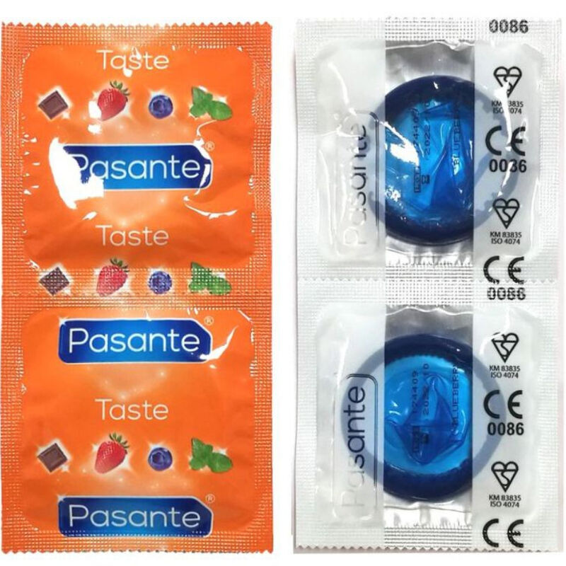 Embalagem de preservativos Pasante Sabor Mirtilo - 144 Unidades, com destaque para a cor azul e o aroma frutado.