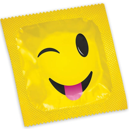 Saco de Preservativos PASANTE Smiley 144 Unidades, mostrando embalagem e designs divertidos.