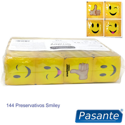 Saco de Preservativos PASANTE Smiley 144 Unidades, mostrando embalagem e designs divertidos.