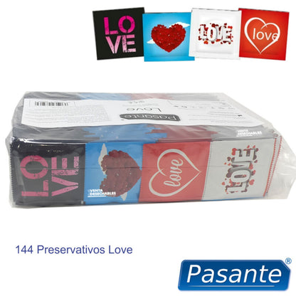Close-up of the PASANTE Preservativos Saco de Amor 144 Unidades pack, showing branding and condom details.