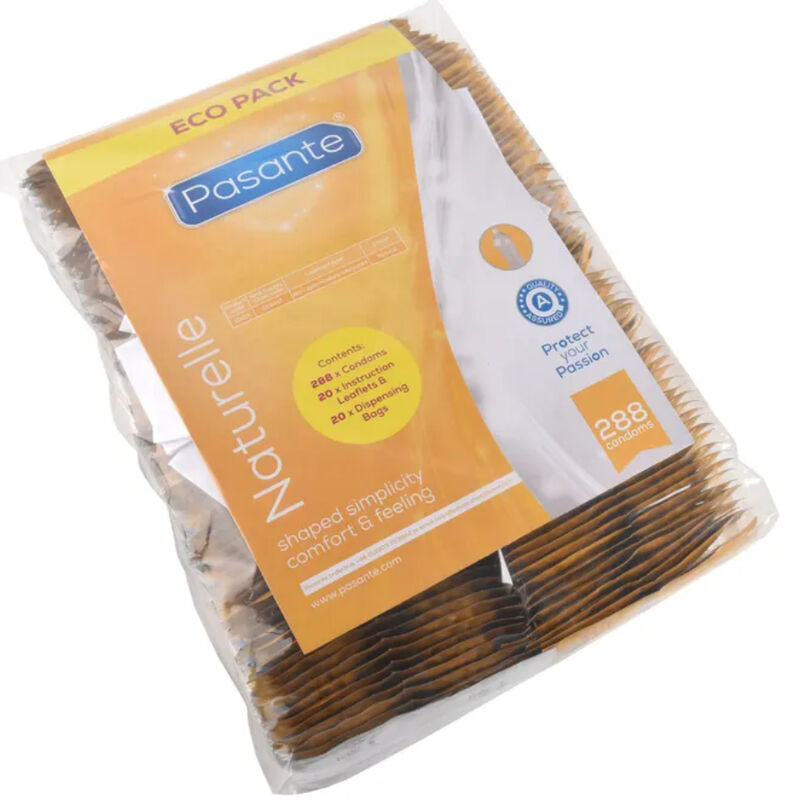 Embalagem de PASANTE Preservativos Naturelle ECO PACK 288 Unidades, mostrando o design e a quantidade.