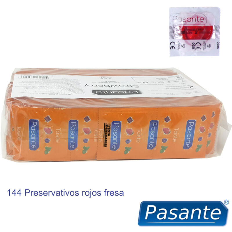 Preservativos PASANTE Sabor Morango em pacote de 144 unidades, mostrando a embalagem e o produto.