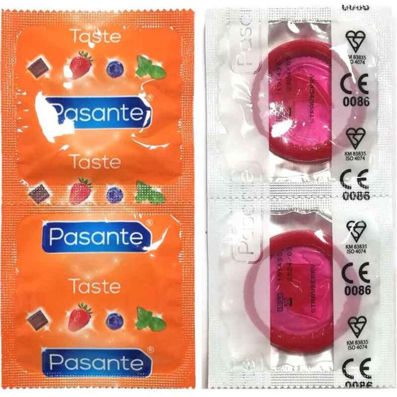 Preservativos PASANTE Sabor Morango em pacote de 144 unidades, mostrando a embalagem e o produto.