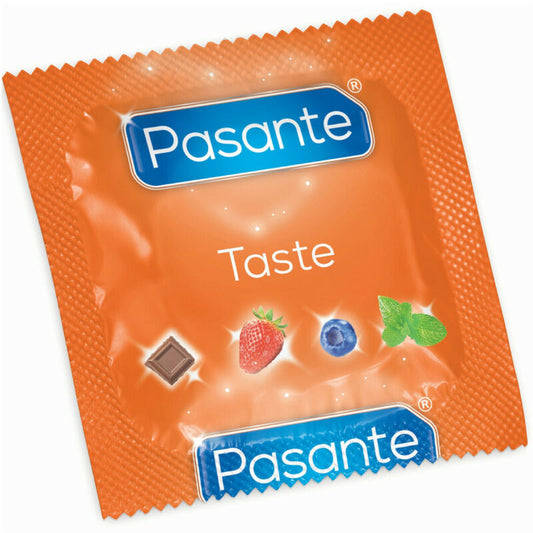 Preservativos PASANTE Sabor Morango em pacote de 144 unidades, mostrando a embalagem e o produto.