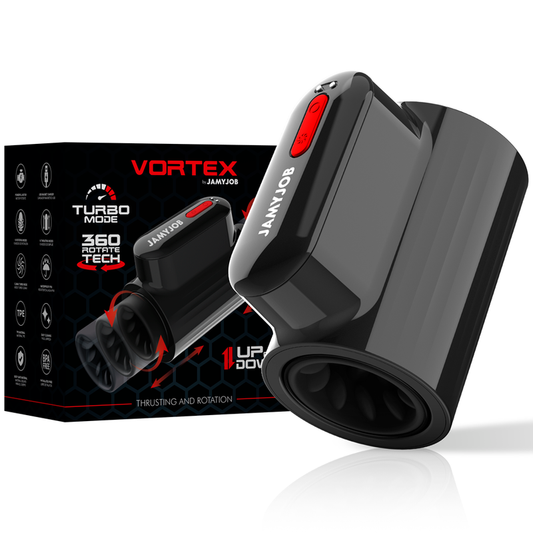 Masturbador Masculino JAMYJOB Vortex com detalhes em preto e vermelho, mostrando sua forma ergonômica e textura de silicone.