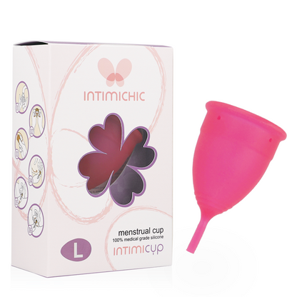 Copo Menstrual INTIMICHIC Tamanho L em silicone grau médico para higiene feminina sustentável.