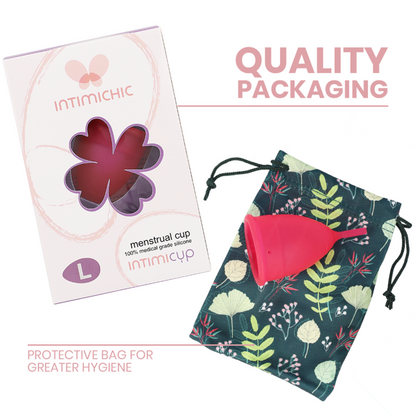 Copo Menstrual INTIMICHIC Tamanho L em silicone grau médico para higiene feminina sustentável.