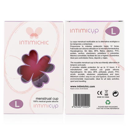 Copo Menstrual INTIMICHIC Tamanho L em silicone grau médico para higiene feminina sustentável.