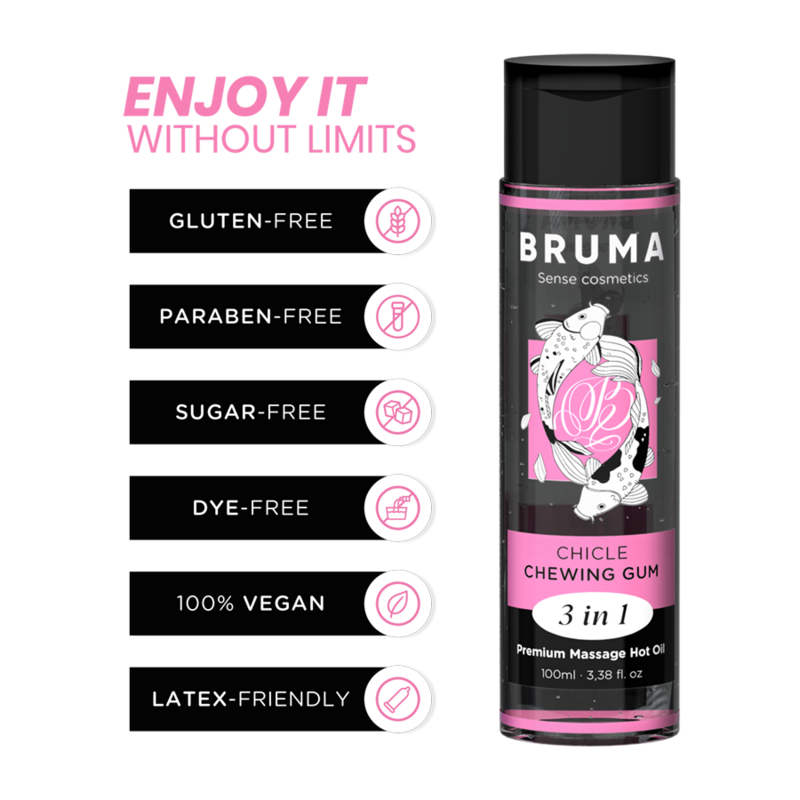 BRUMA Óleo de Massagem Premium Efeito Calor Sabor Goma 3 em 1 - 100 ML