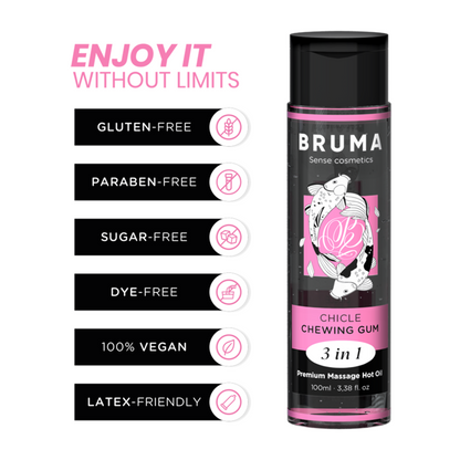 BRUMA Óleo de Massagem Premium Efeito Calor Sabor Goma 3 em 1 - 100 ML