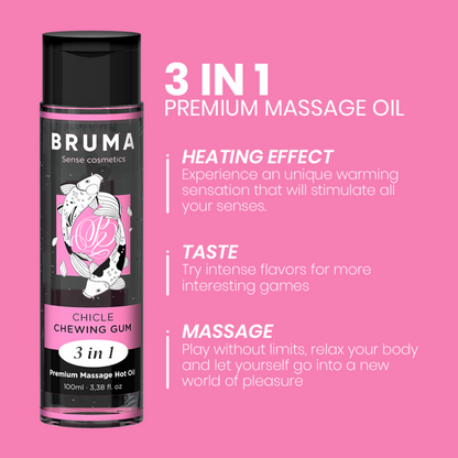 BRUMA Óleo de Massagem Premium Efeito Calor Sabor Goma 3 em 1 - 100 ML