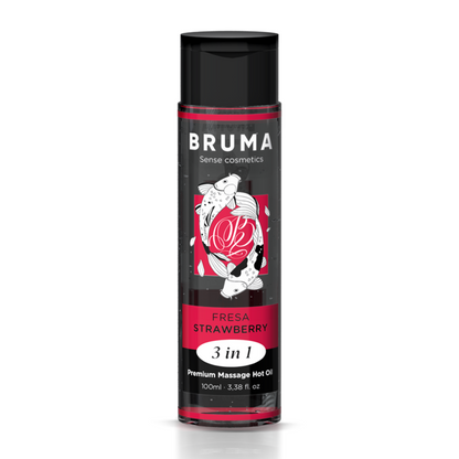 BRUMA Óleo de Massagem Premium Efeito Calor Morango 3 em 1 100ml, exibindo o frasco e a textura do óleo.