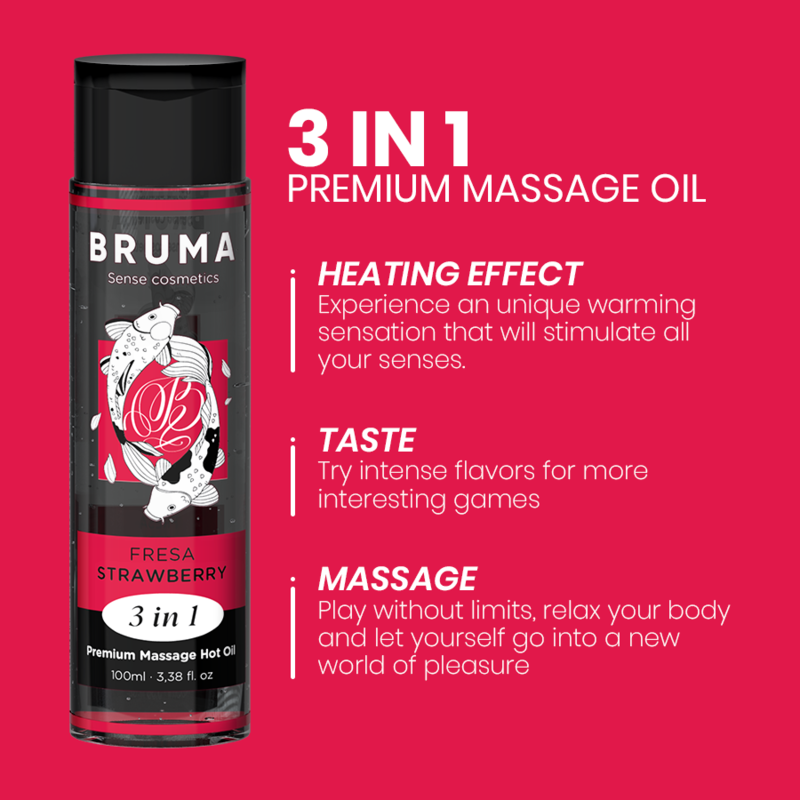 BRUMA Óleo de Massagem Premium Efeito Calor Morango 3 em 1 100ml, exibindo o frasco e a textura do óleo.