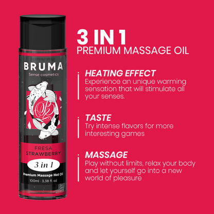 BRUMA Óleo de Massagem Premium Efeito Calor Morango 3 em 1 100ml, exibindo o frasco e a textura do óleo.