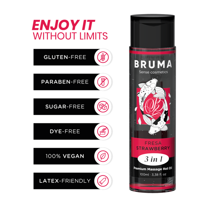 BRUMA Óleo de Massagem Premium Efeito Calor Morango 3 em 1 100ml, exibindo o frasco e a textura do óleo.