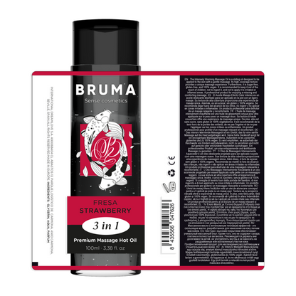 BRUMA Óleo de Massagem Premium Efeito Calor Morango 3 em 1 100ml, exibindo o frasco e a textura do óleo.