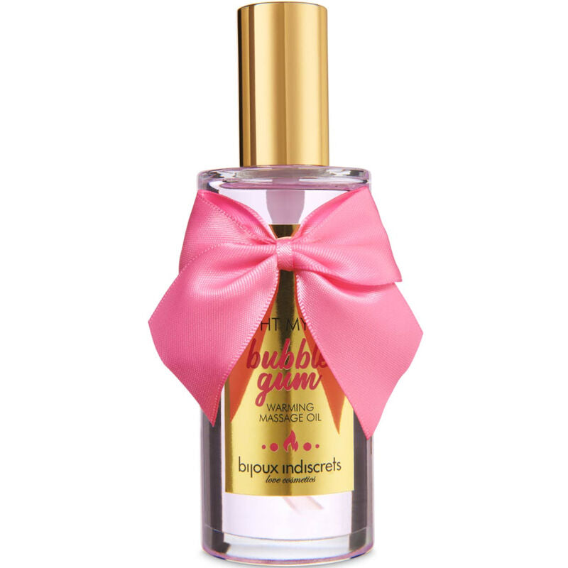 Óleo de massagem comestível BIJOUX - INDISCRETS Light My Fire com efeito calor e sabor a chiclete, em frasco de 100ml.