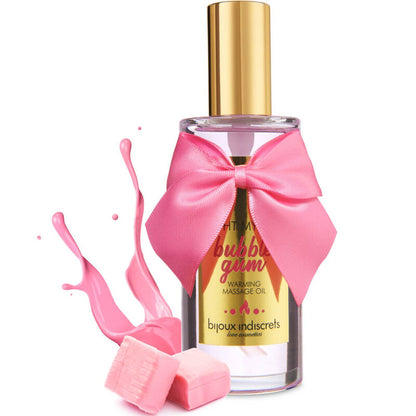 Óleo de massagem comestível BIJOUX - INDISCRETS Light My Fire com efeito calor e sabor a chiclete, em frasco de 100ml.