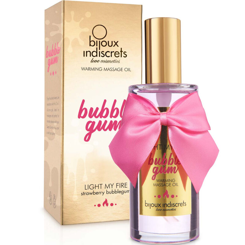 Óleo de massagem comestível BIJOUX - INDISCRETS Light My Fire com efeito calor e sabor a chiclete, em frasco de 100ml.