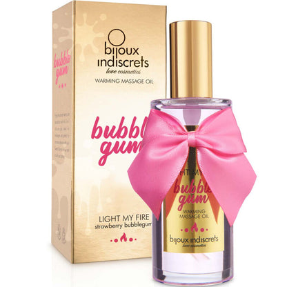 Óleo de massagem comestível BIJOUX - INDISCRETS Light My Fire com efeito calor e sabor a chiclete, em frasco de 100ml.