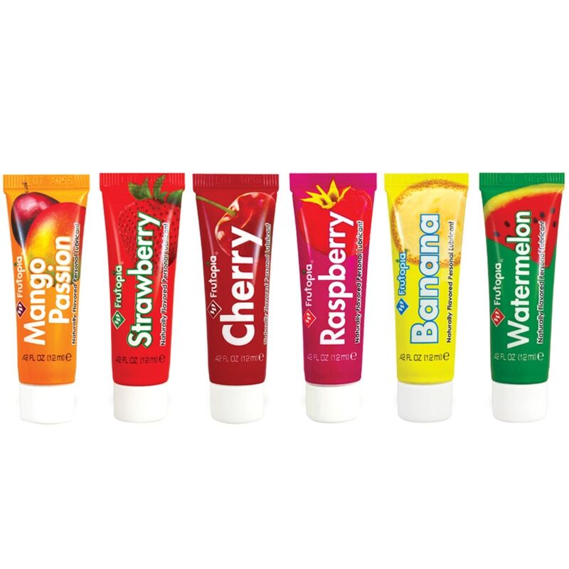ID Frutopia Lubrificante Sortido Pack 5x12ml com diferentes sabores naturais de frutas para uma experiência íntima.
