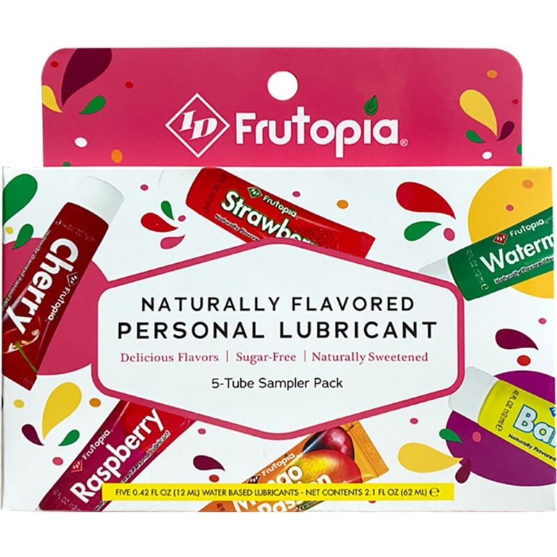 ID Frutopia Lubrificante Sortido Pack 5x12ml com diferentes sabores naturais de frutas para uma experiência íntima.